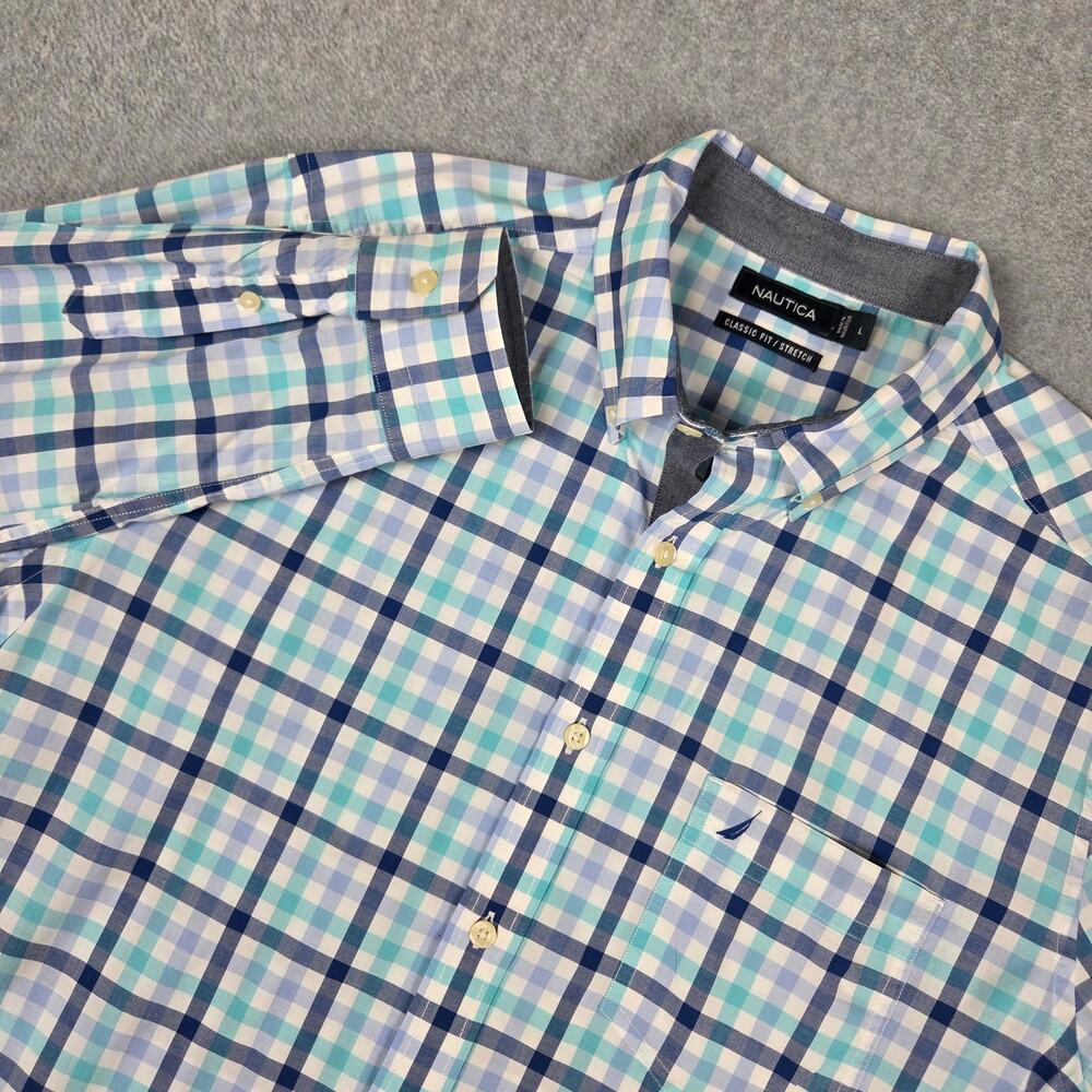 Nautica Large Classic Fit Stretch Plaid Long Sleeve Button Down Shirt